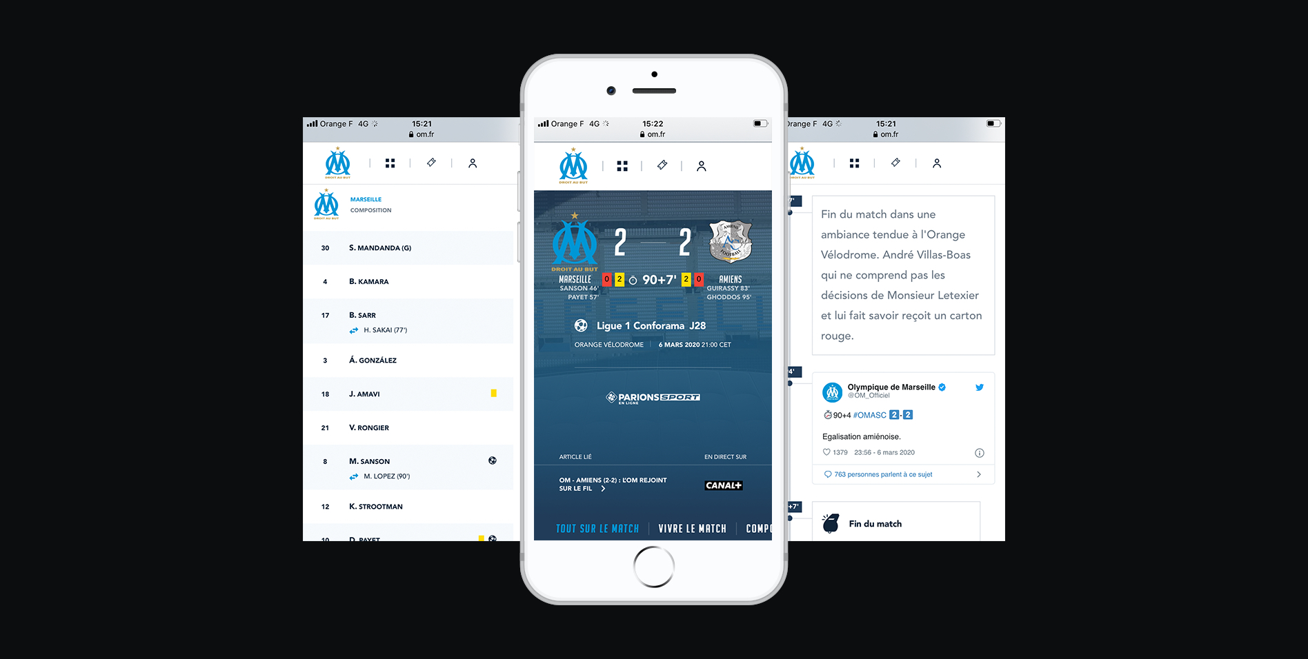 Three screenshots of OM responsive website on a smartphone