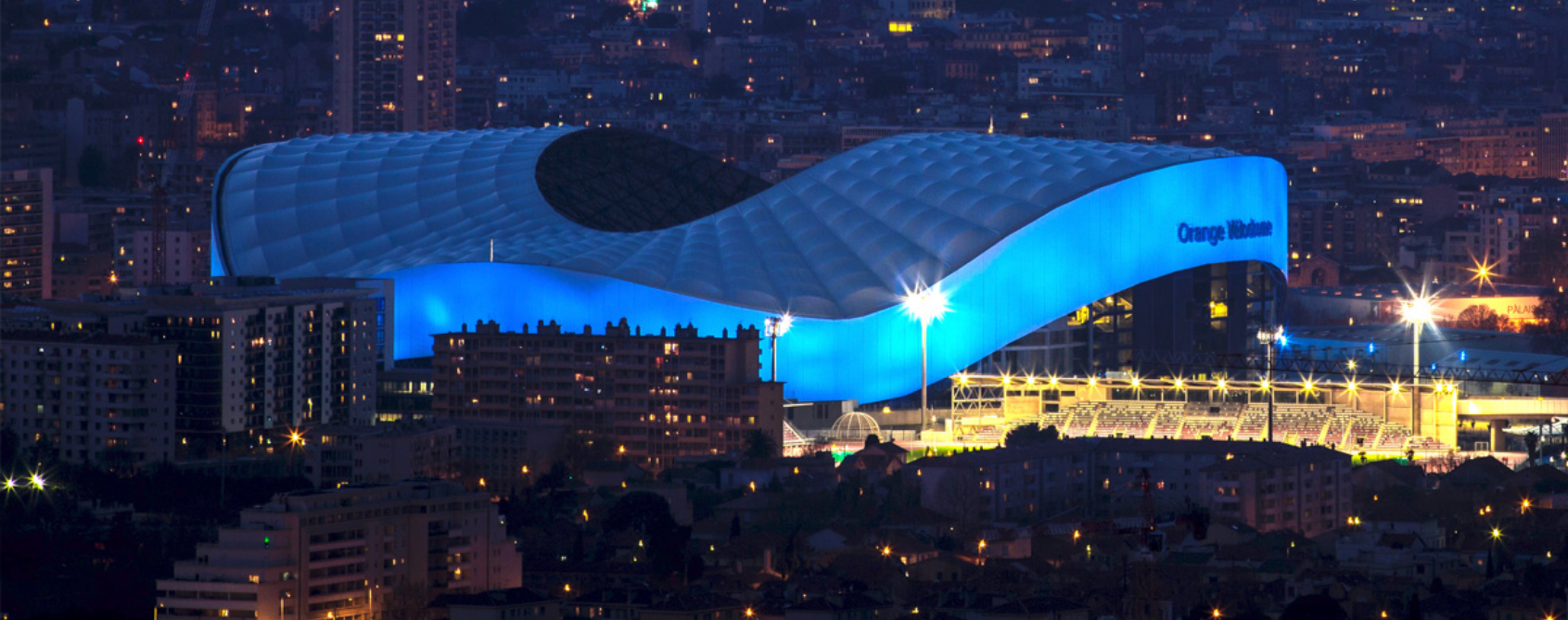 View of the OM stadium Le Vélodrôme by night